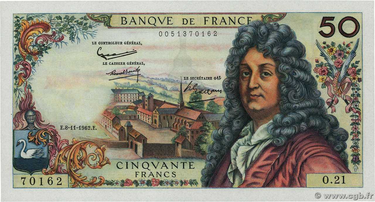 50 Francs RACINE FRANCIA  1962 F.64.02 FDC
