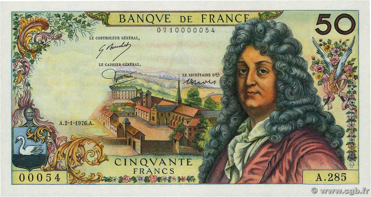 50 Francs RACINE Petit numéro FRANCE  1976 F.64.32A285 UNC-