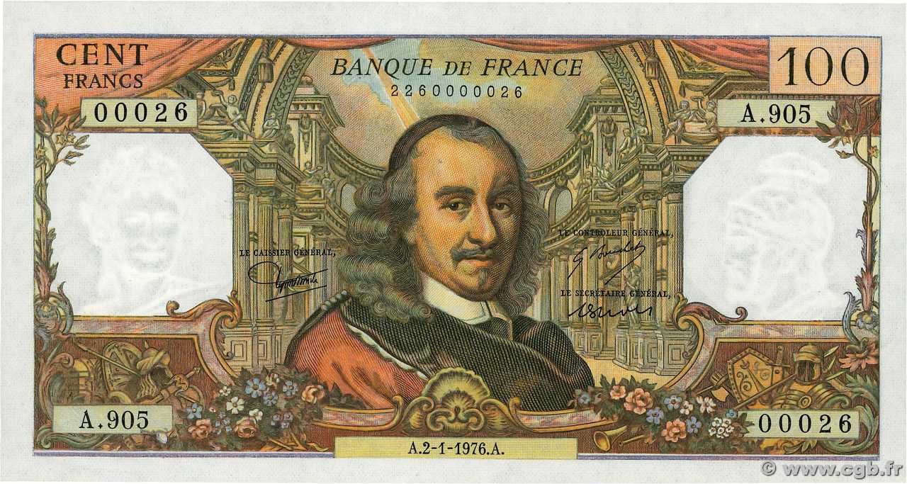 100 Francs CORNEILLE Petit numéro FRANCE  1976 F.65.51
A905 UNC-