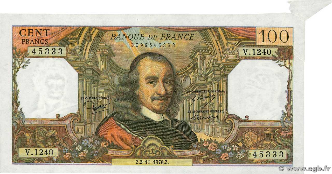 100 Francs CORNEILLE Fauté FRANCE  1978 F.65.64 pr.SPL