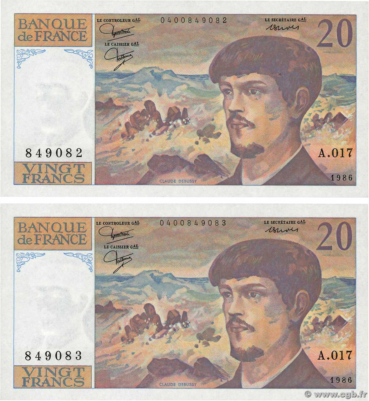 20 Francs DEBUSSY Consécutifs FRANCIA  1986 F.66.07A17 FDC