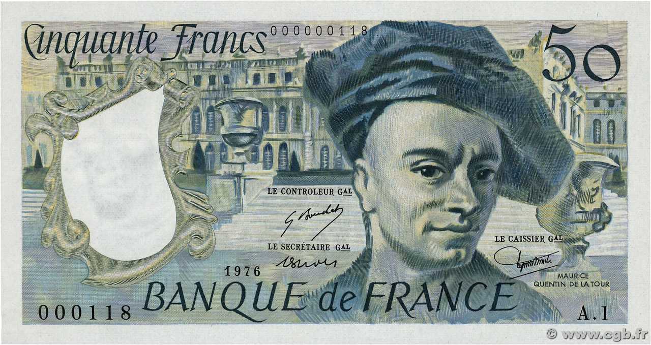 50 Francs QUENTIN DE LA TOUR Petit numéro FRANCIA  1976 F.67.01A1 q.FDC