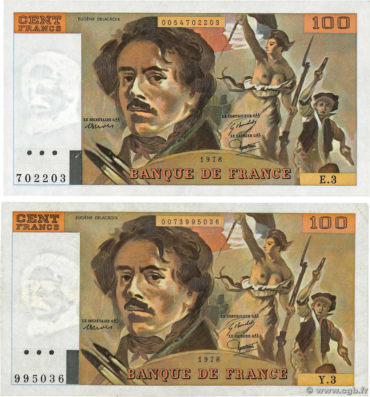 100 Francs DELACROIX Lot FRANCIA  1978 F.68.03 et F.69.01b AU