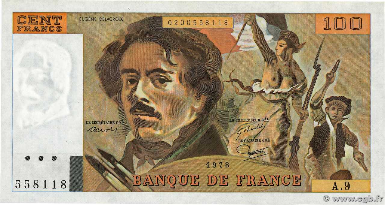 100 Francs DELACROIX modifié FRANCE  1978 F.69.01h SPL