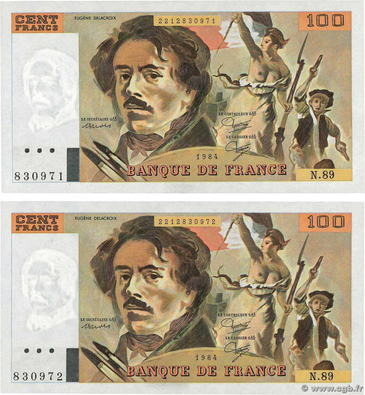 100 Francs DELACROIX modifié Consécutifs FRANCIA  1984 F.69.08b FDC