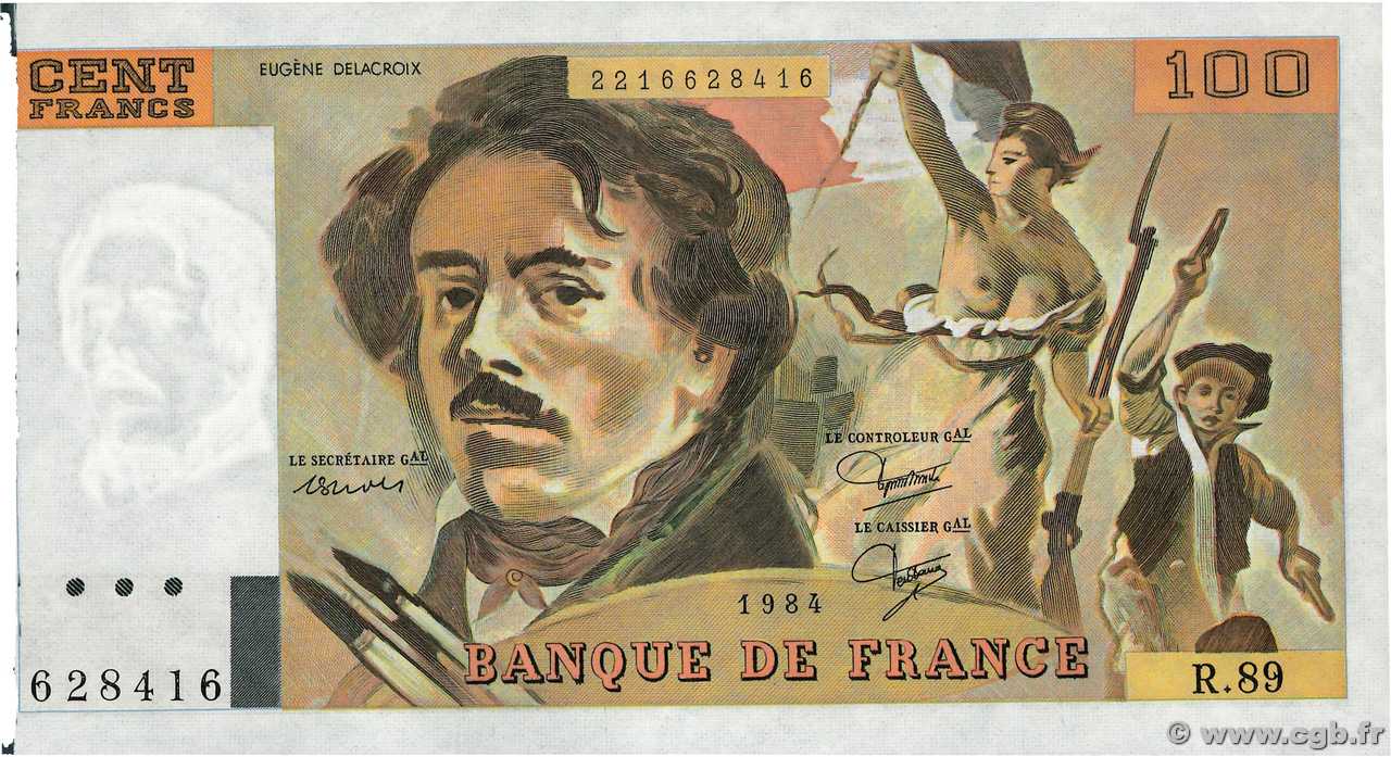 100 Francs DELACROIX modifié Fauté FRANCE  1984 F.69.08b pr.NEUF