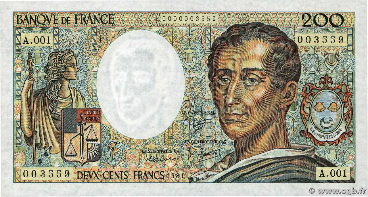 200 Francs MONTESQUIEU Petit numéro FRANCE  1981 F.70.01A1 pr.NEUF