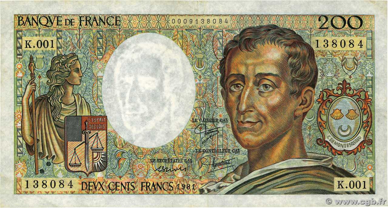 200 Francs MONTESQUIEU Fauté FRANCE  1981 F.70.01 VF
