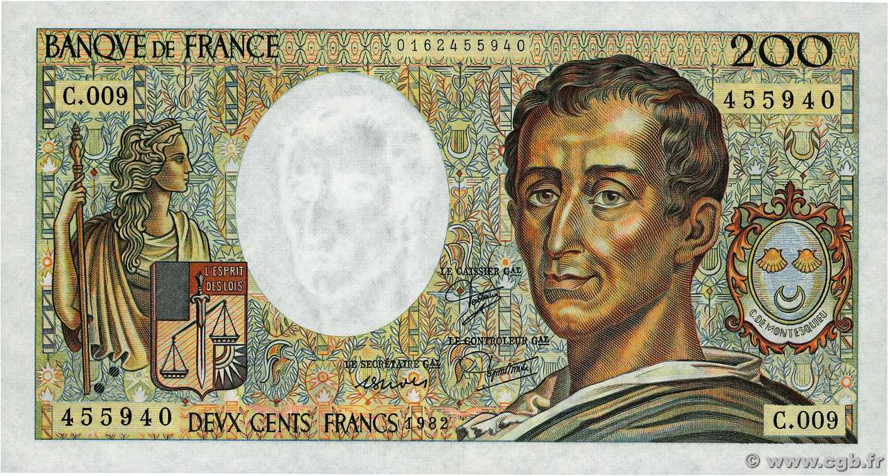 200 Francs MONTESQUIEU FRANCIA  1982 F.70.02 SC+