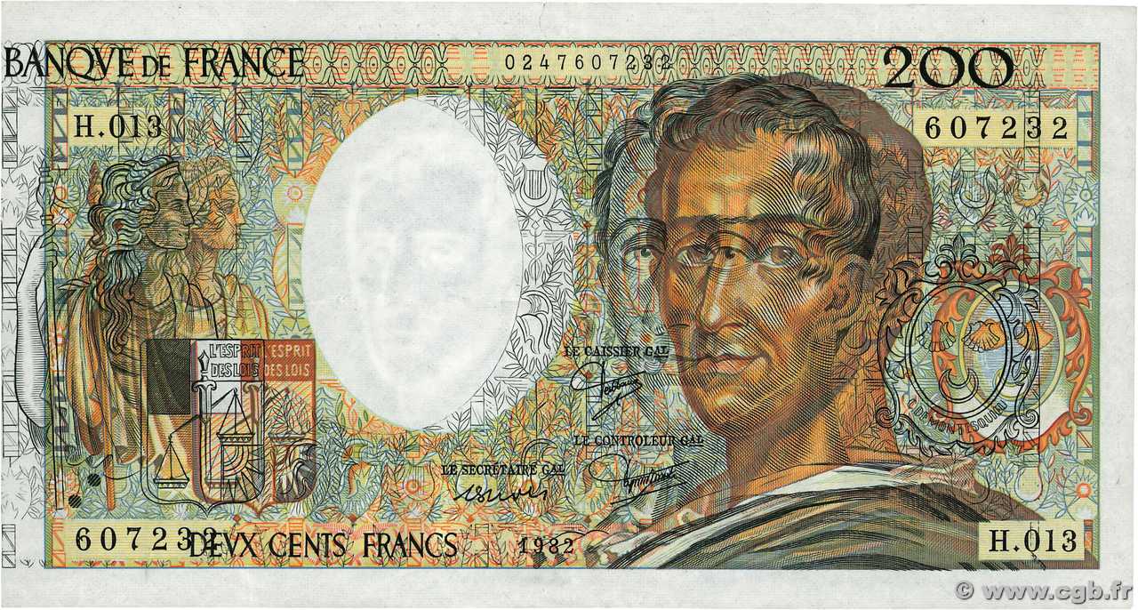 200 Francs MONTESQUIEU Fauté FRANCIA  1982 F.70.02 MBC+