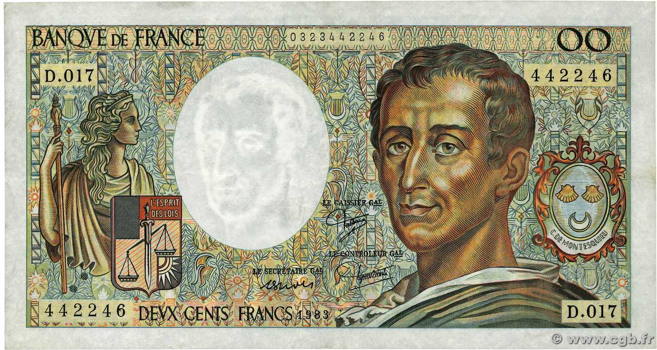 200 Francs MONTESQUIEU Fauté FRANCE  1983 F.70.03 VF+