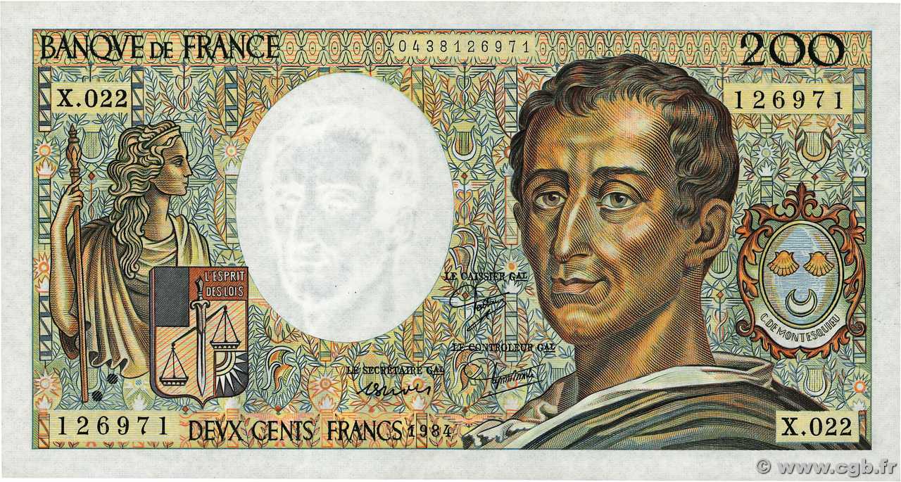 200 Francs MONTESQUIEU FRANCE  1984 F.70.04 UNC-