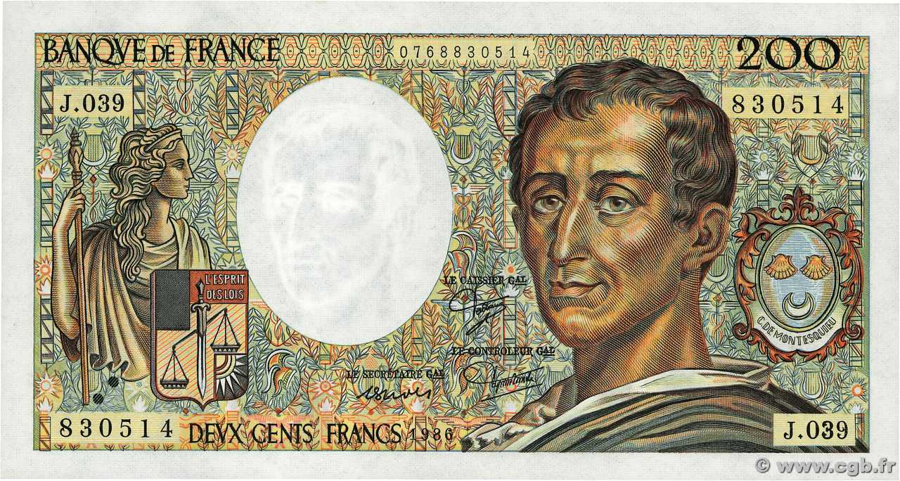 200 Francs MONTESQUIEU FRANCE  1986 F.70.06 SPL