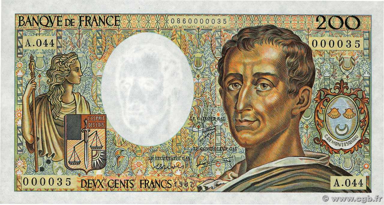 200 Francs MONTESQUIEU Petit numéro FRANCE  1987 F.70.07A44 NEUF