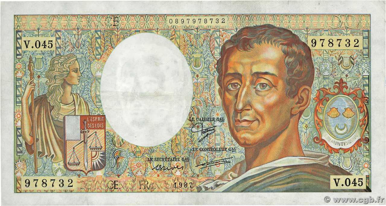 200 Francs MONTESQUIEU Fauté FRANCIA  1987 F.70.07 MBC
