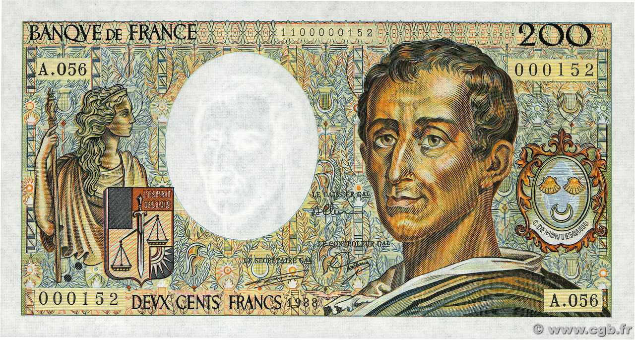 200 Francs MONTESQUIEU Petit numéro FRANCE  1988 F.70.08A56 UNC