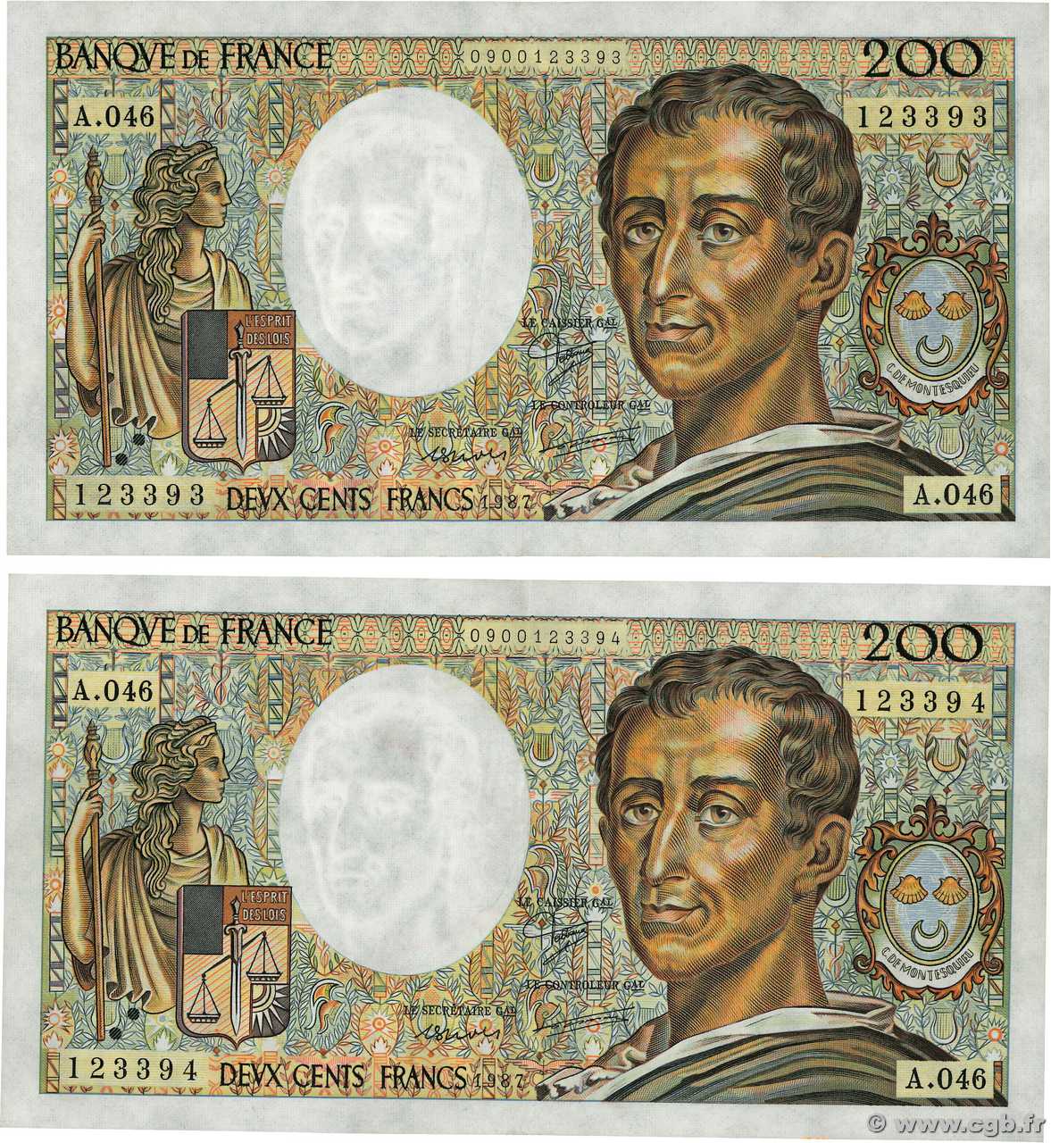200 Francs MONTESQUIEU UNIFACE Fauté FRANKREICH  1987 F.70U.07 VZ