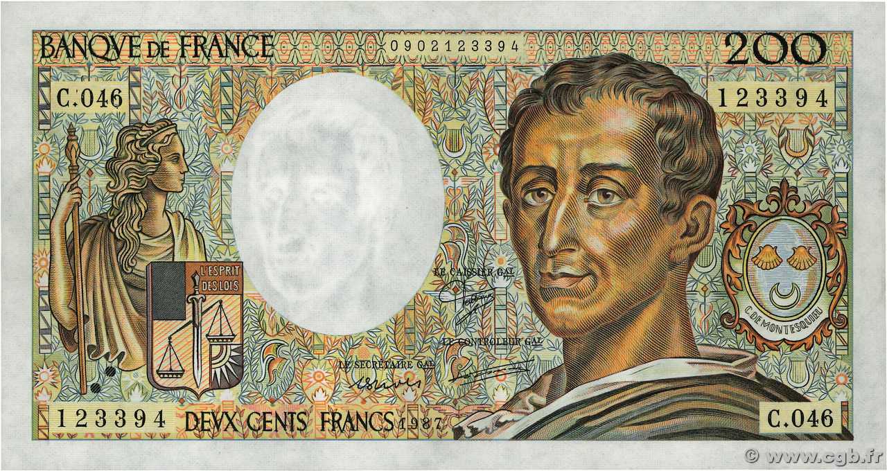 200 Francs MONTESQUIEU UNIFACE Fauté FRANCE  1987 F.70U.07 SUP+