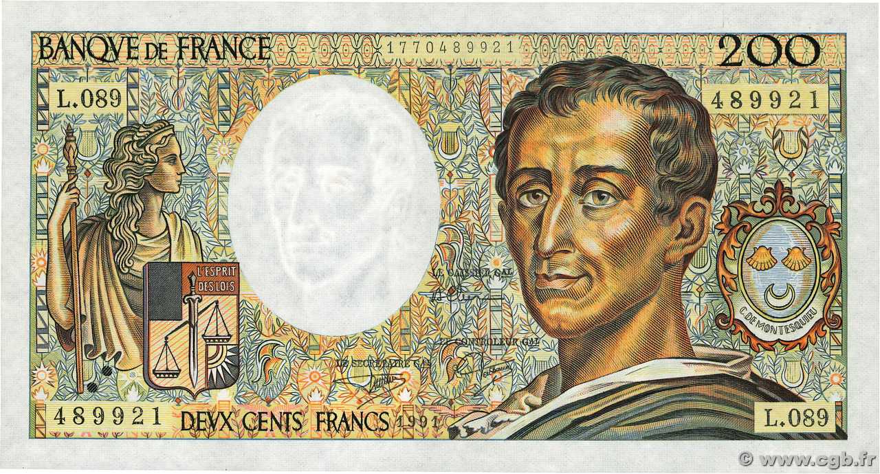 200 Francs MONTESQUIEU UNIFACE Fauté FRANCIA  1991 F.70U.11 SC+