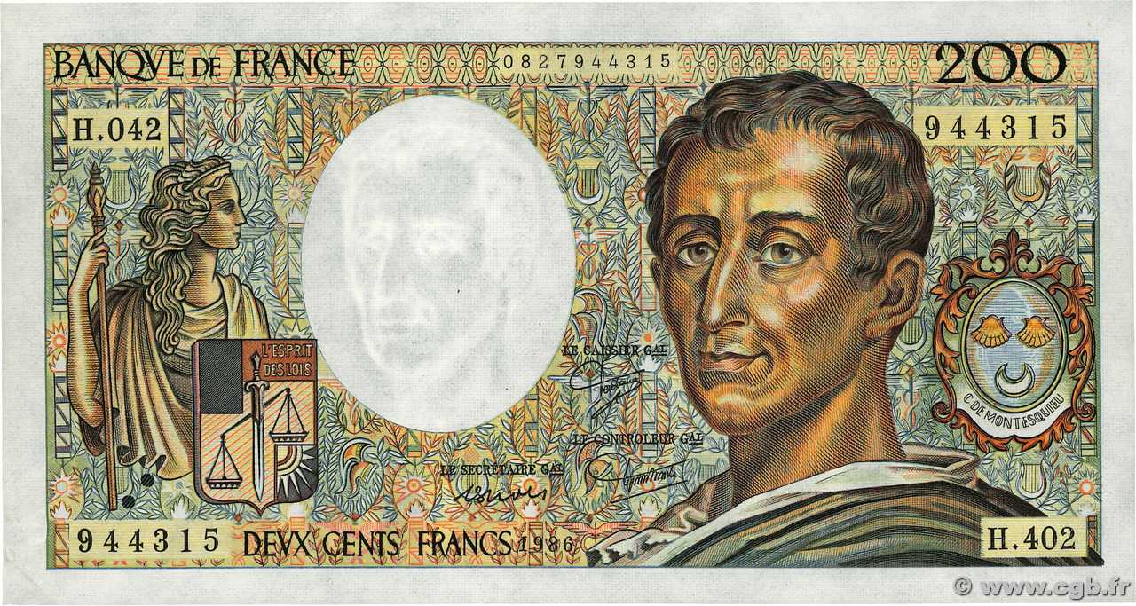 200 Francs MONTESQUIEU alphabet H.402 FRANCE  1986 F.70ter.01 pr.SPL