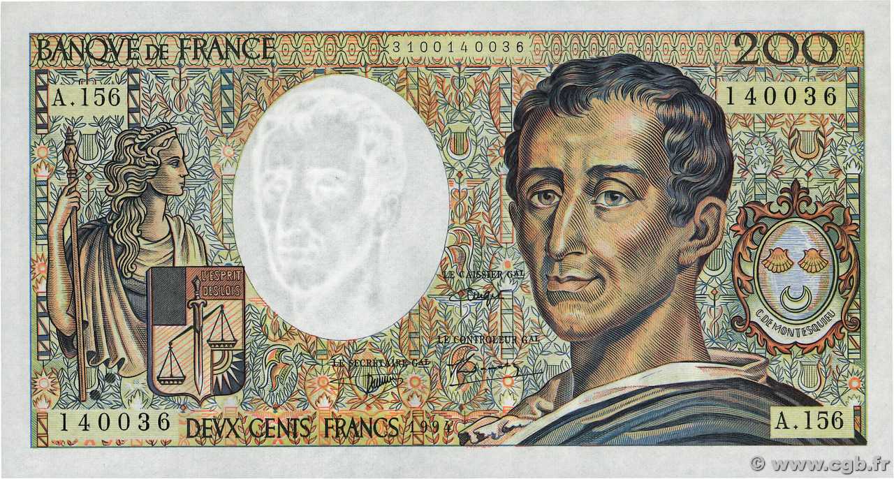 200 Francs MONTESQUIEU Modifié FRANCE  1994 F.70/2.01 UNC