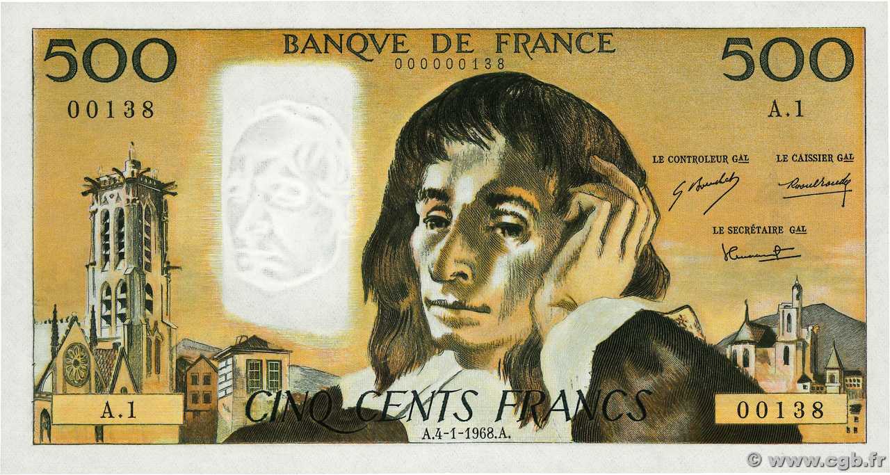 500 Francs PASCAL Petit numéro FRANCE  1968 F.71.01A1 AU