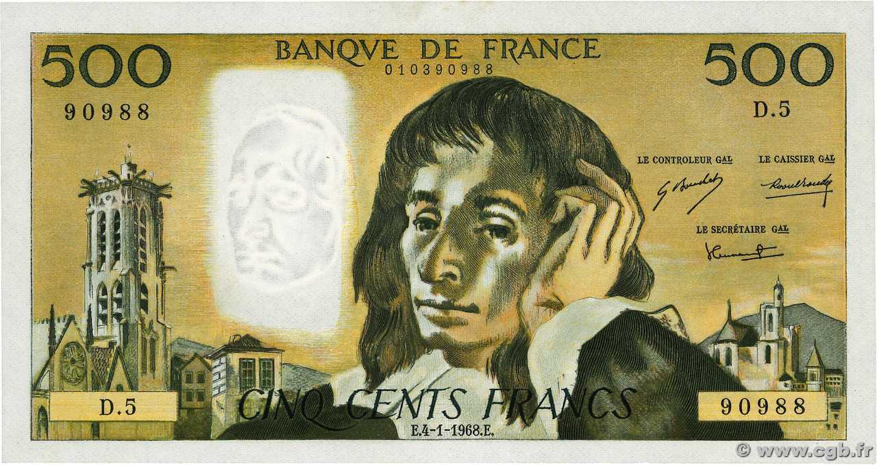 500 Francs PASCAL FRANKREICH  1968 F.71.01 fST+