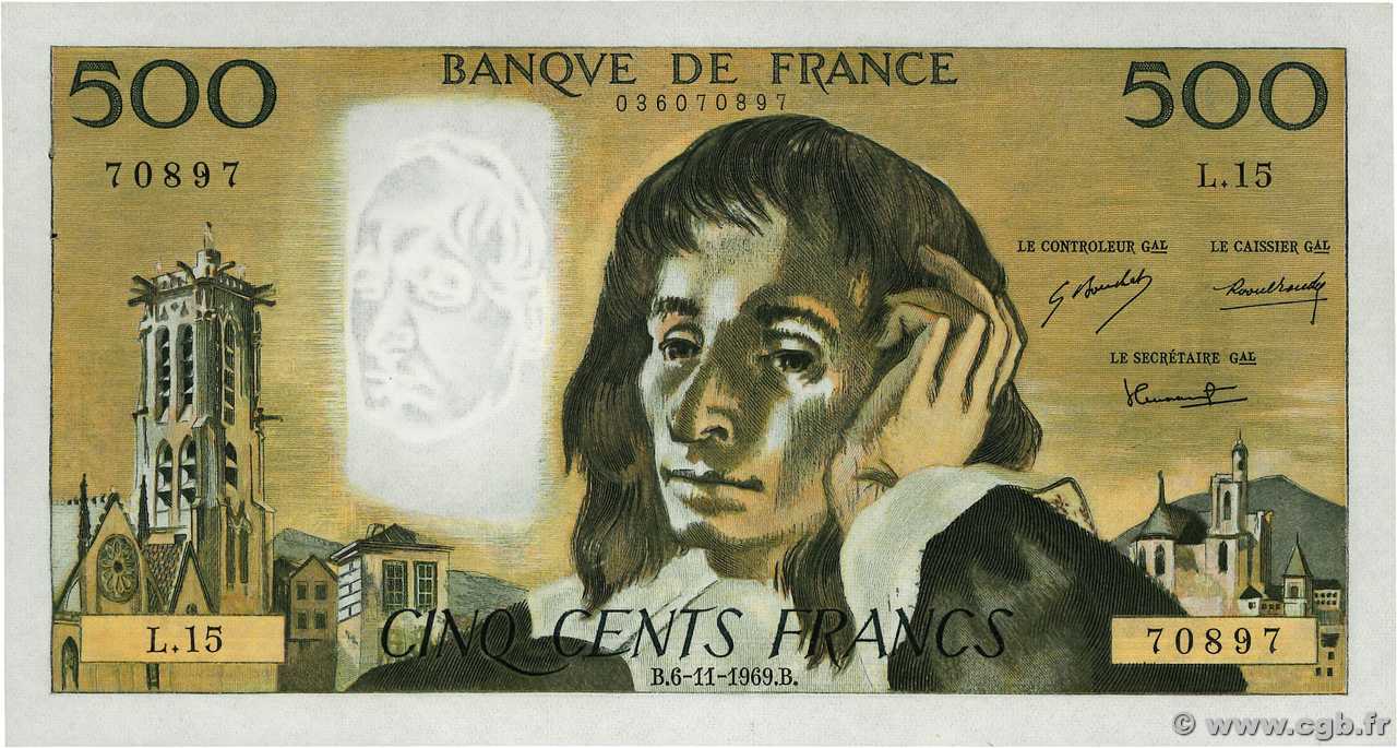 500 Francs PASCAL FRANCE  1969 F.71.04 AU-
