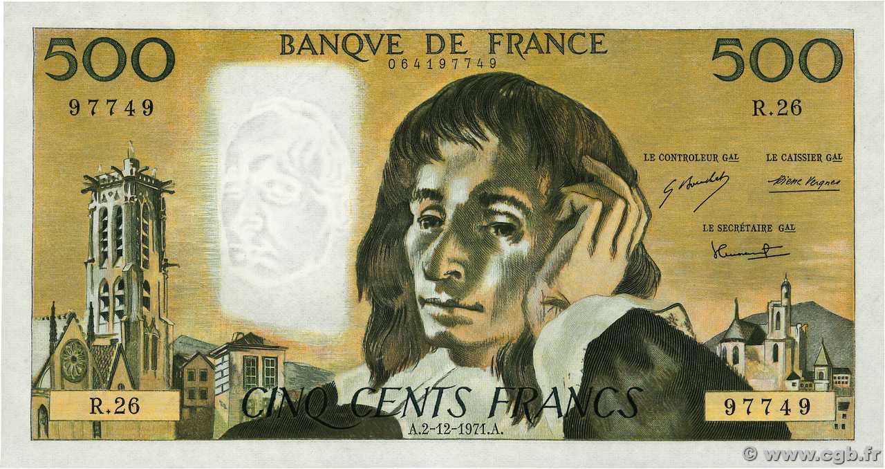 500 Francs PASCAL FRANKREICH  1971 F.71.07 VZ+