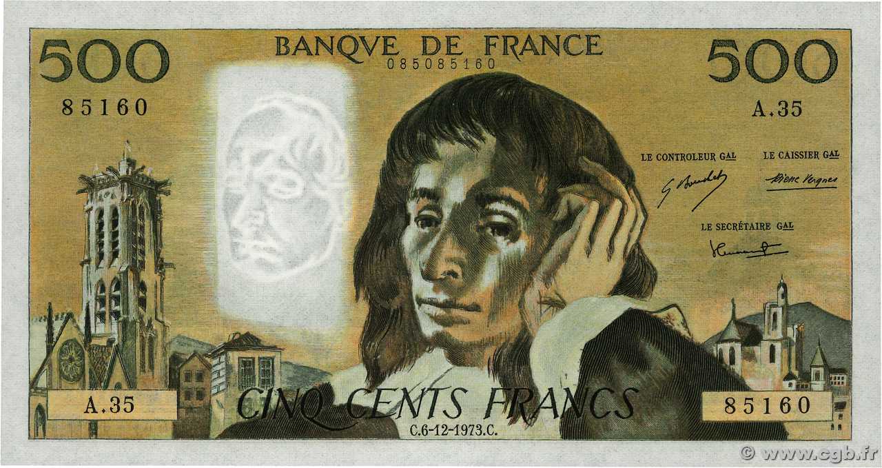 500 Francs PASCAL FRANCE  1973 F.71.10 UNC-