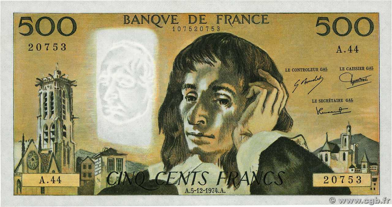 500 Francs PASCAL FRANCE  1974 F.71.12 AU+