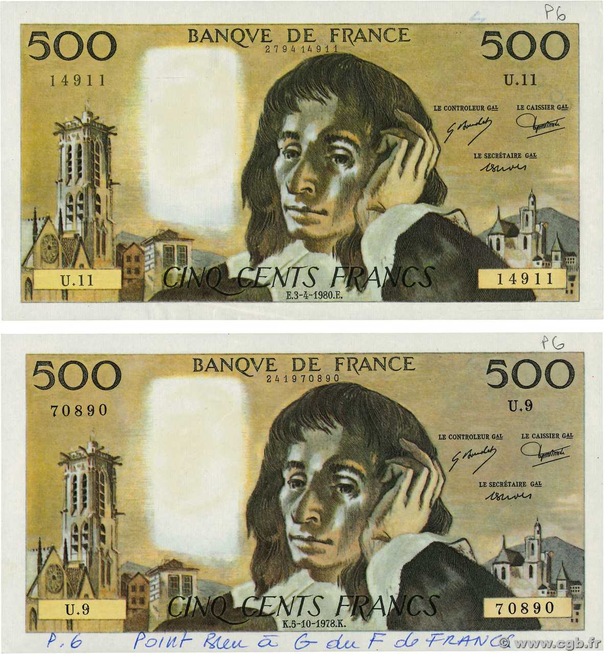 500 Francs PASCAL Faux FRANKREICH  1978 F.71.18 VZ