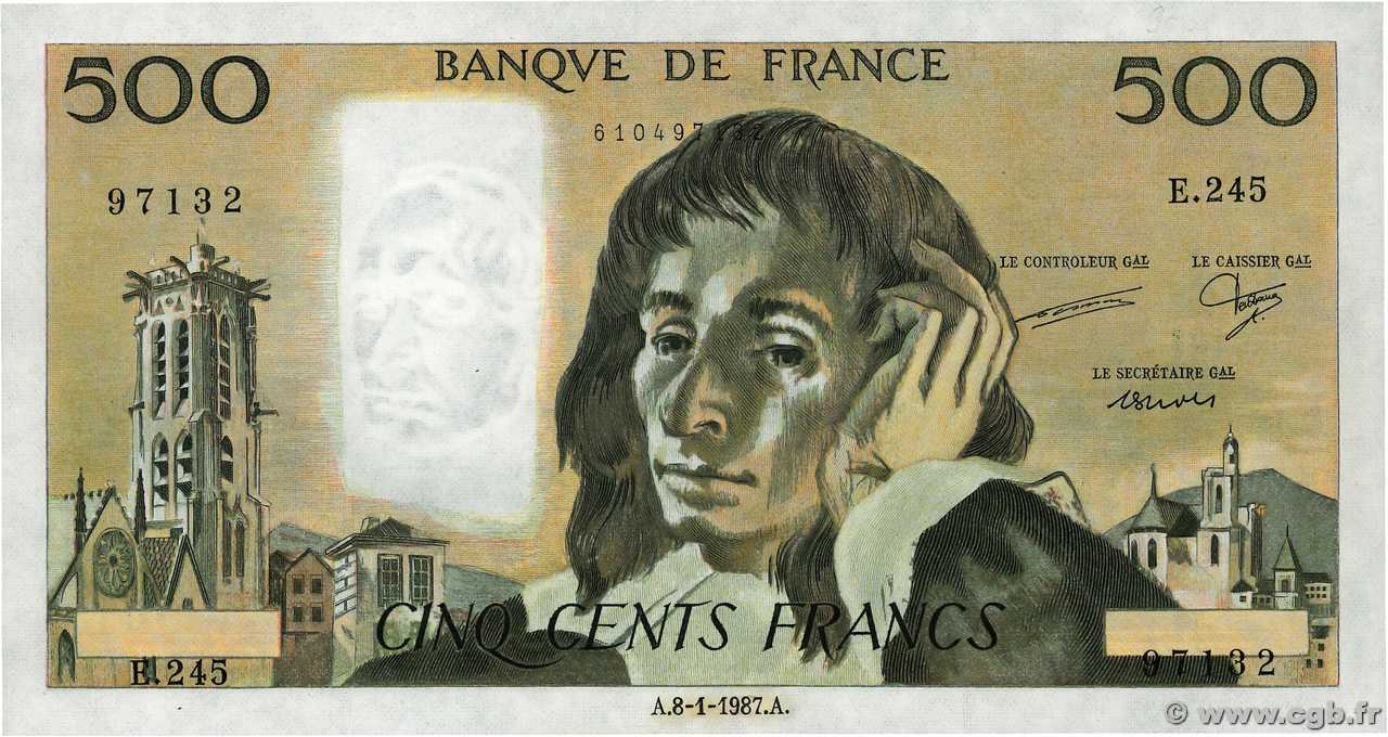 500 Francs PASCAL Fauté FRANKREICH  1987 F.71.35 fST+