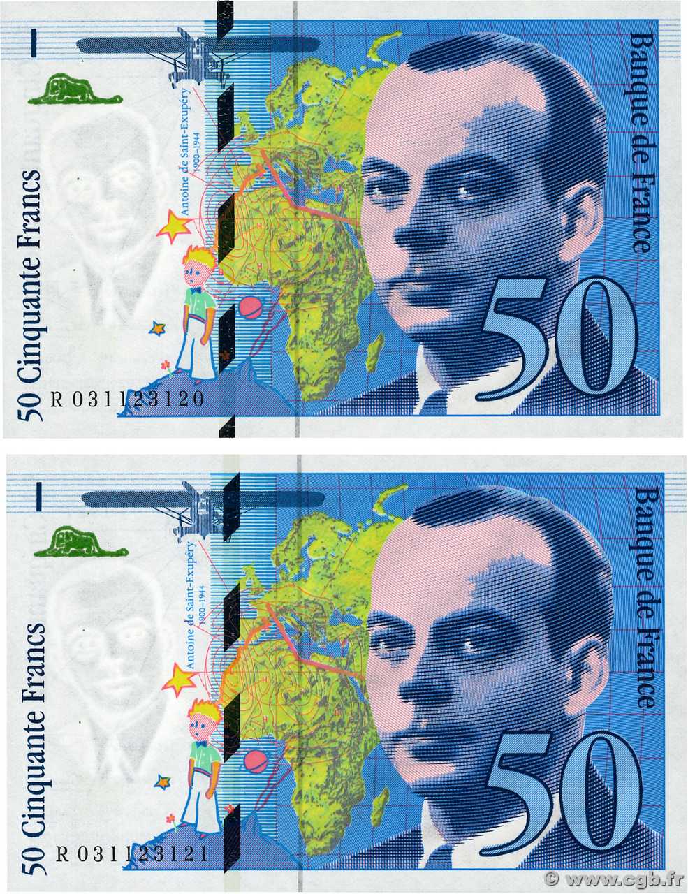 50 Francs SAINT-EXUPÉRY modifié Consécutifs FRANCIA  1997 F.73.04 FDC