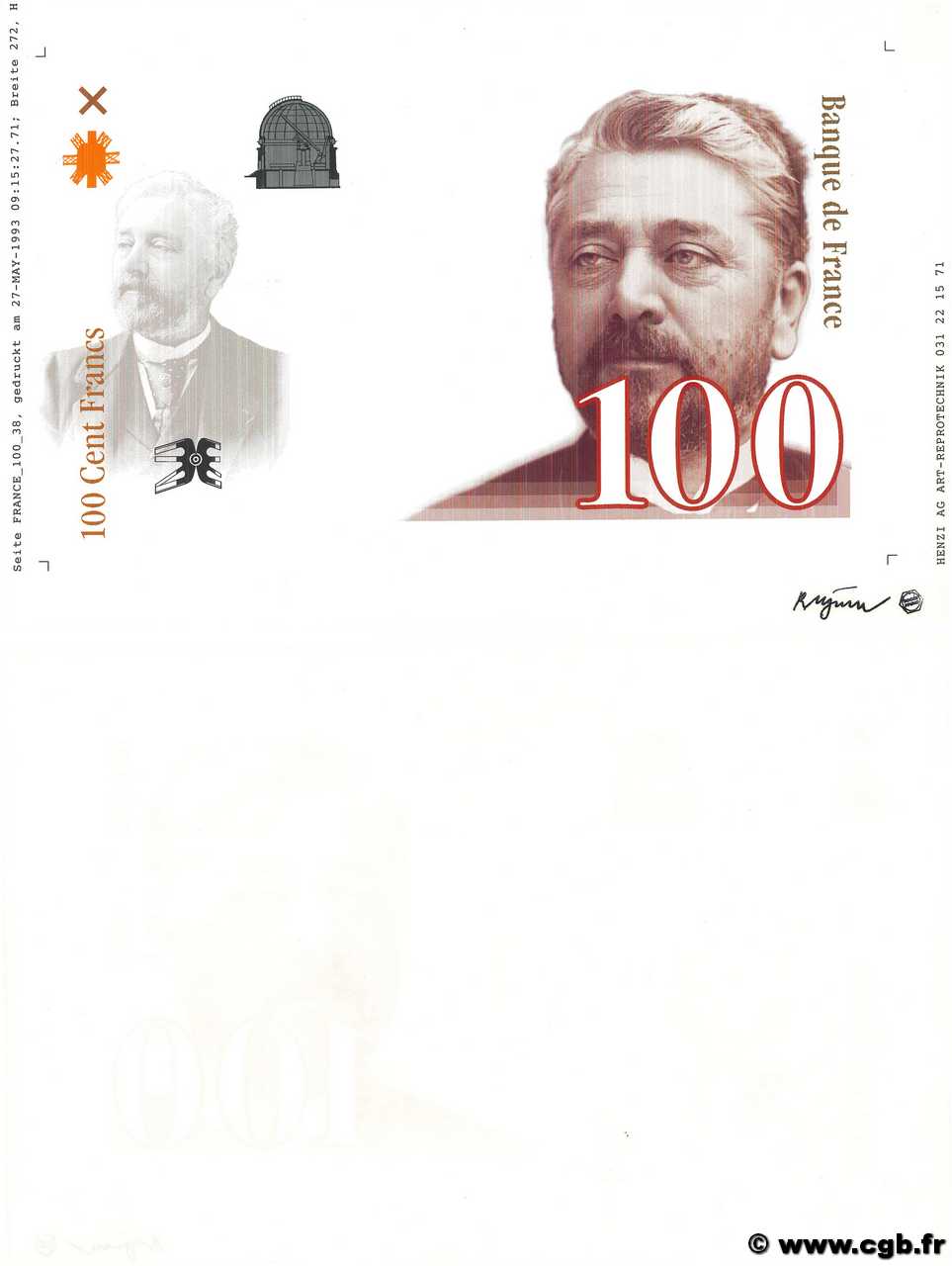 100 Francs EIFFEL Épreuve FRANCE  1995 F.- UNC-