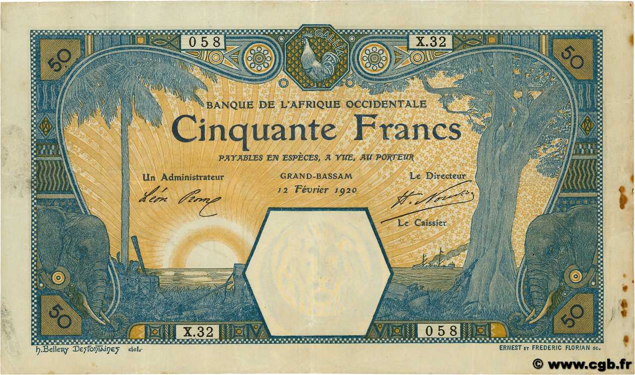 50 Francs GRAND-BASSAM FRENCH WEST AFRICA (1895-1958) Grand-Bassam 1920 P.09Da VF