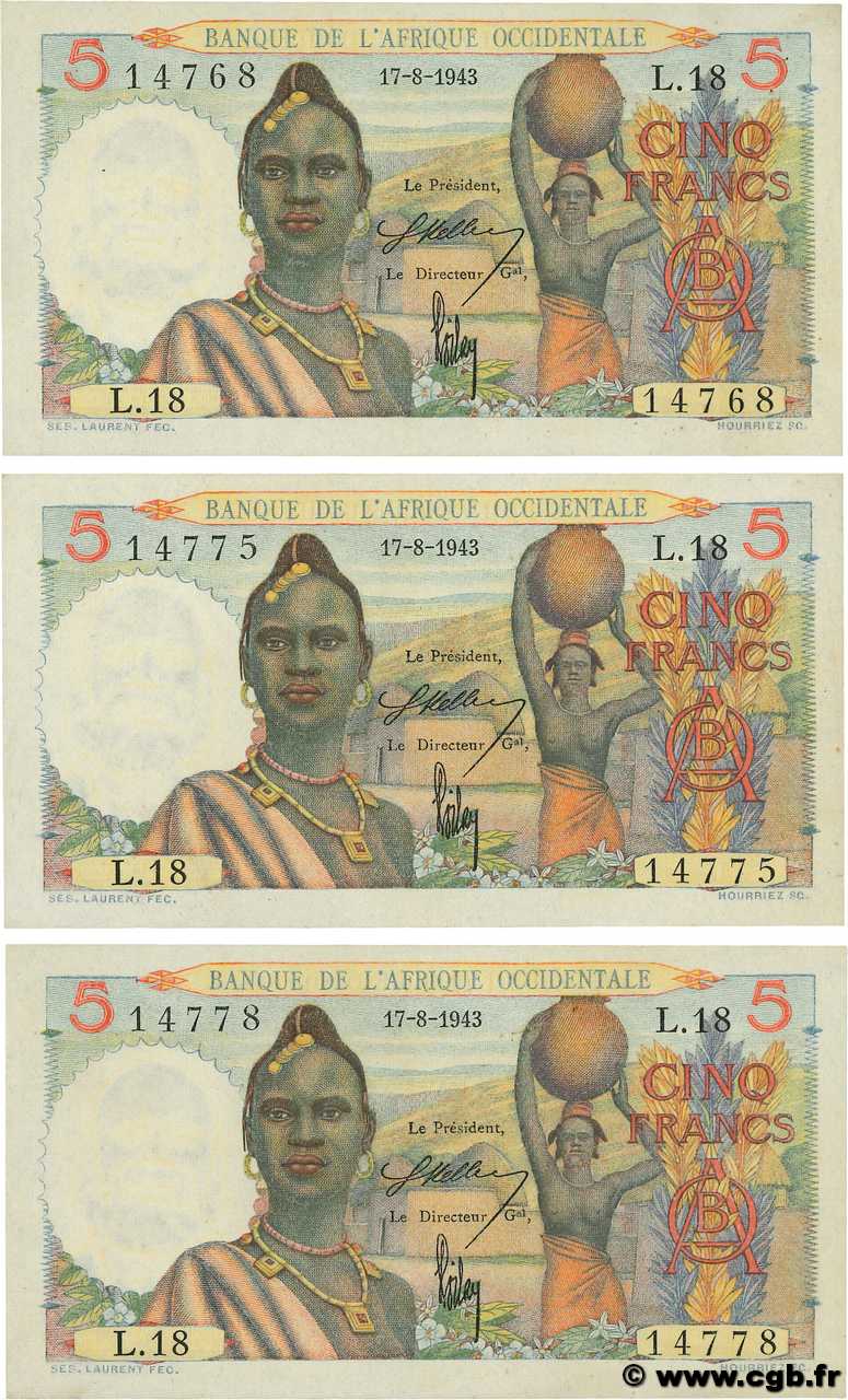 5 Francs Lot AFRIQUE OCCIDENTALE FRANÇAISE (1895-1958)  1943 P.36 SPL