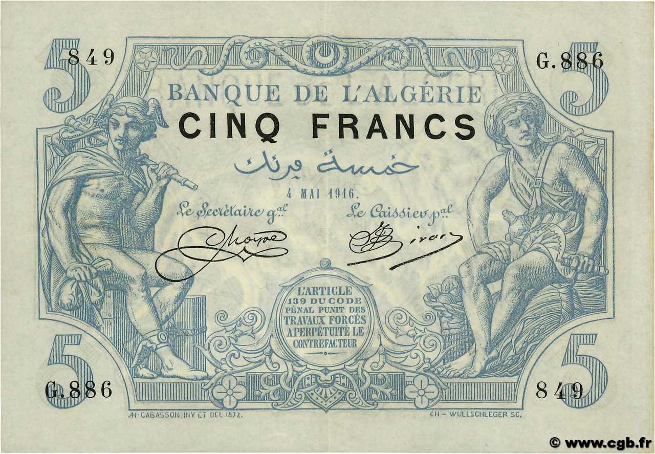 5 Francs ALGERIA  1916 P.071a XF