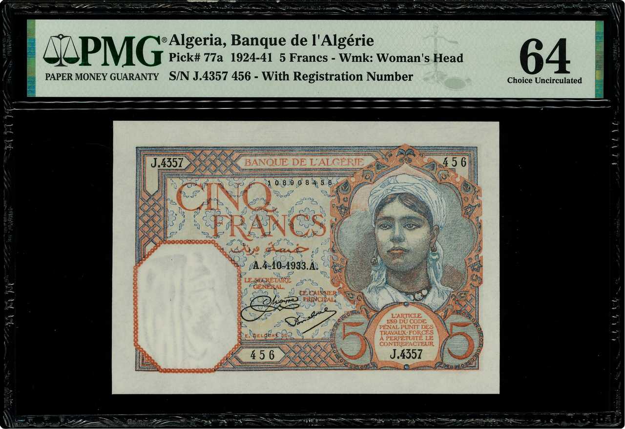 5 Francs ALGERIA  1933 P.077a UNC-
