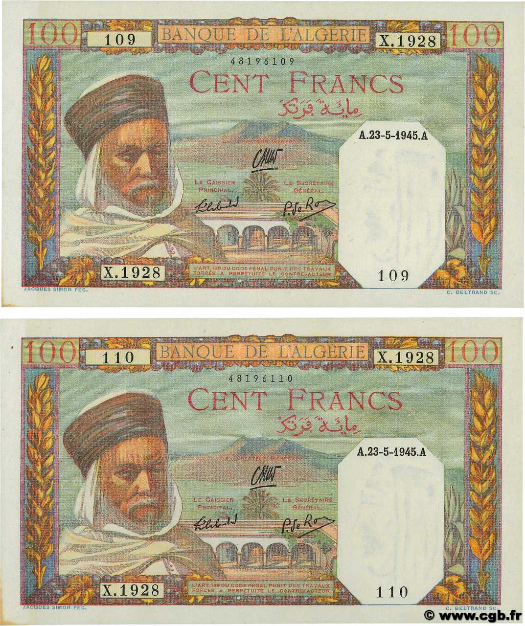 100 Francs Consécutifs ALGÉRIE  1945 P.085 SPL+