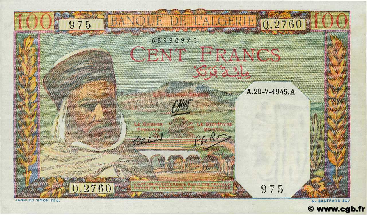 100 Francs ALGERIA  1945 P.085 AU-