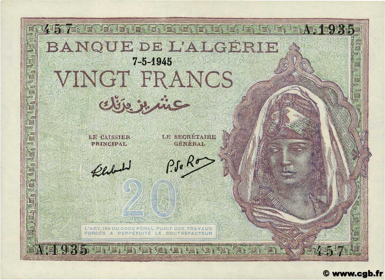 20 Francs ALGERIA  1945 P.092b AU