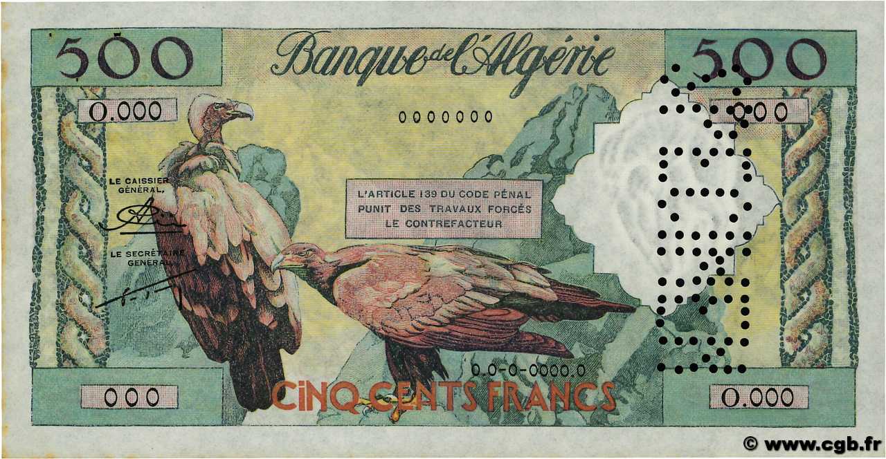 500 Francs Spécimen ALGÉRIE  1958 P.117s SUP