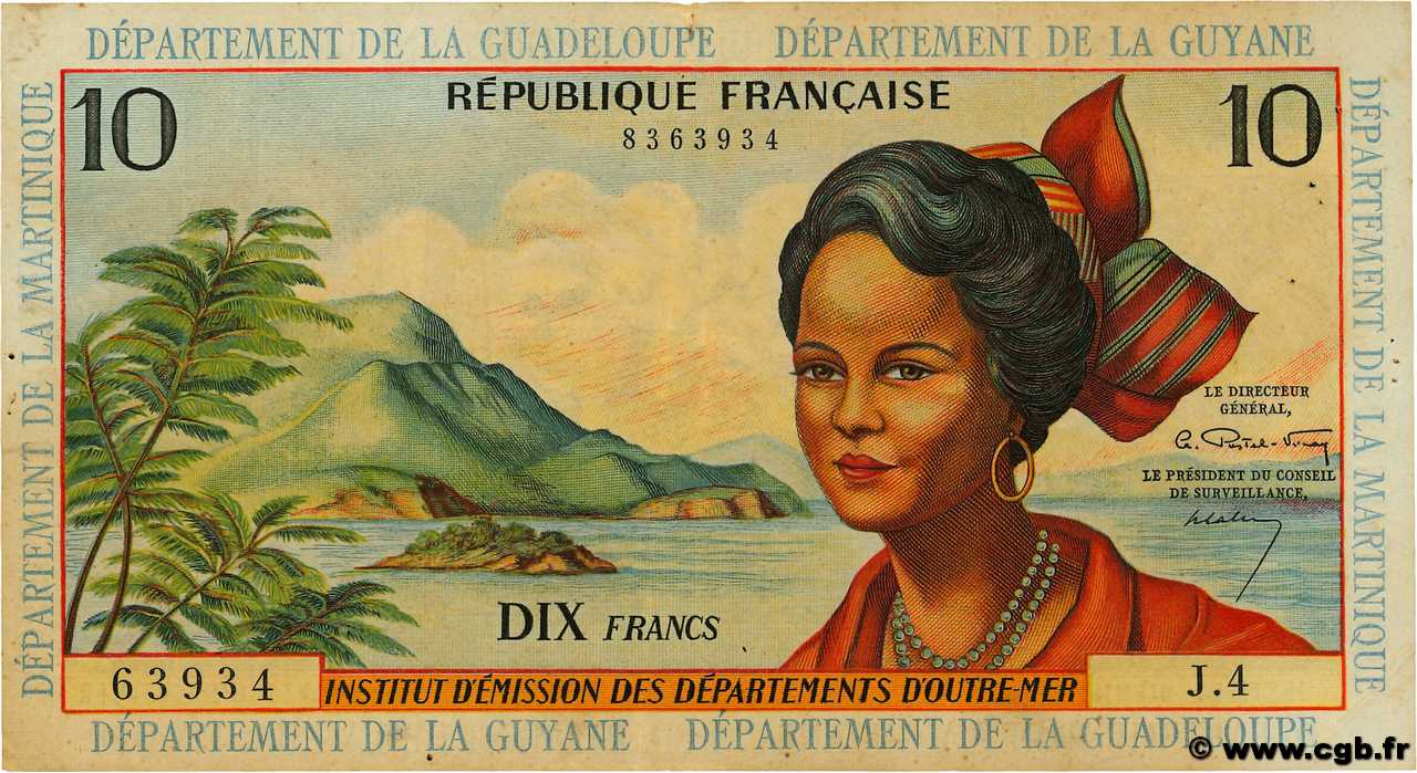 10 Francs FRENCH ANTILLES  1964 P.08a VF-