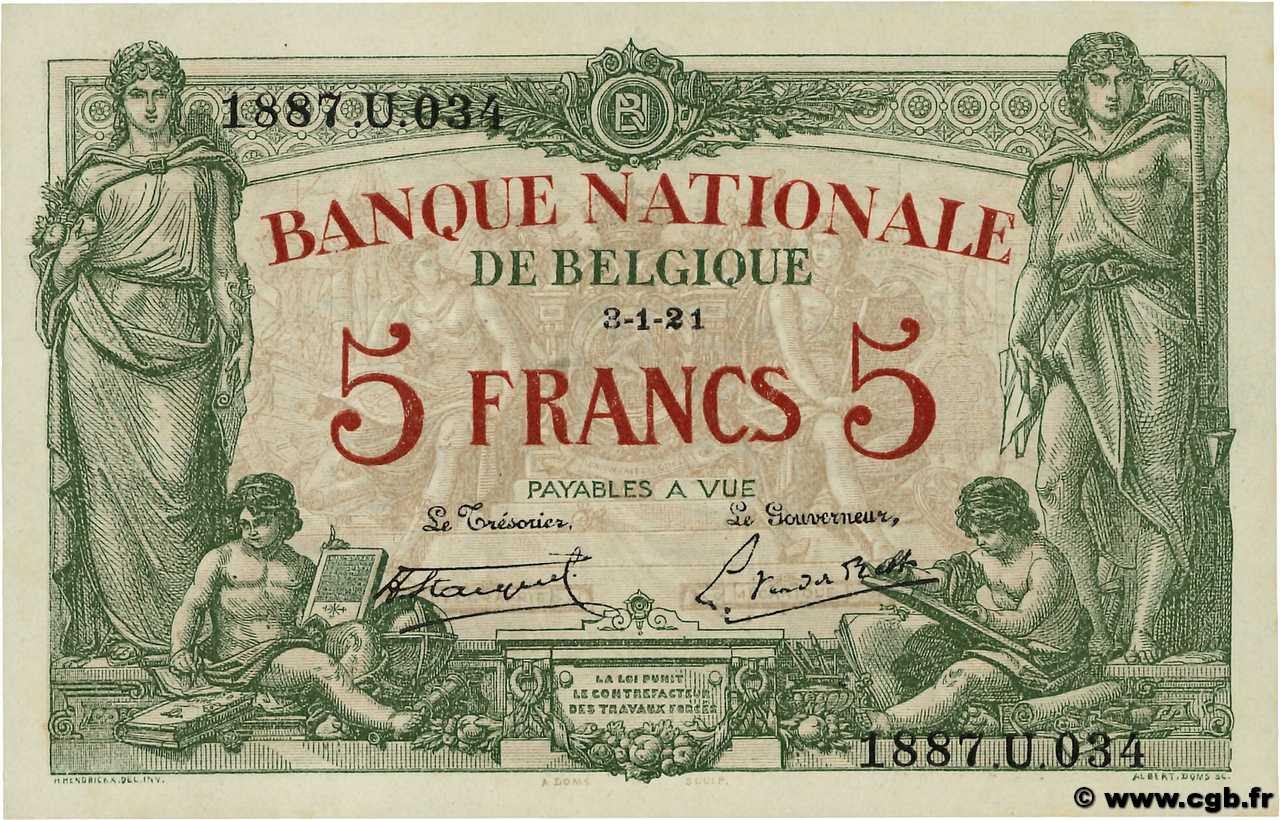5 Francs BELGIUM  1921 P.075b AU+