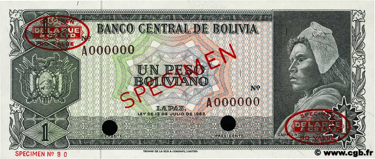 1 Peso Boliviano Spécimen BOLIVIA  1962 P.152s UNC