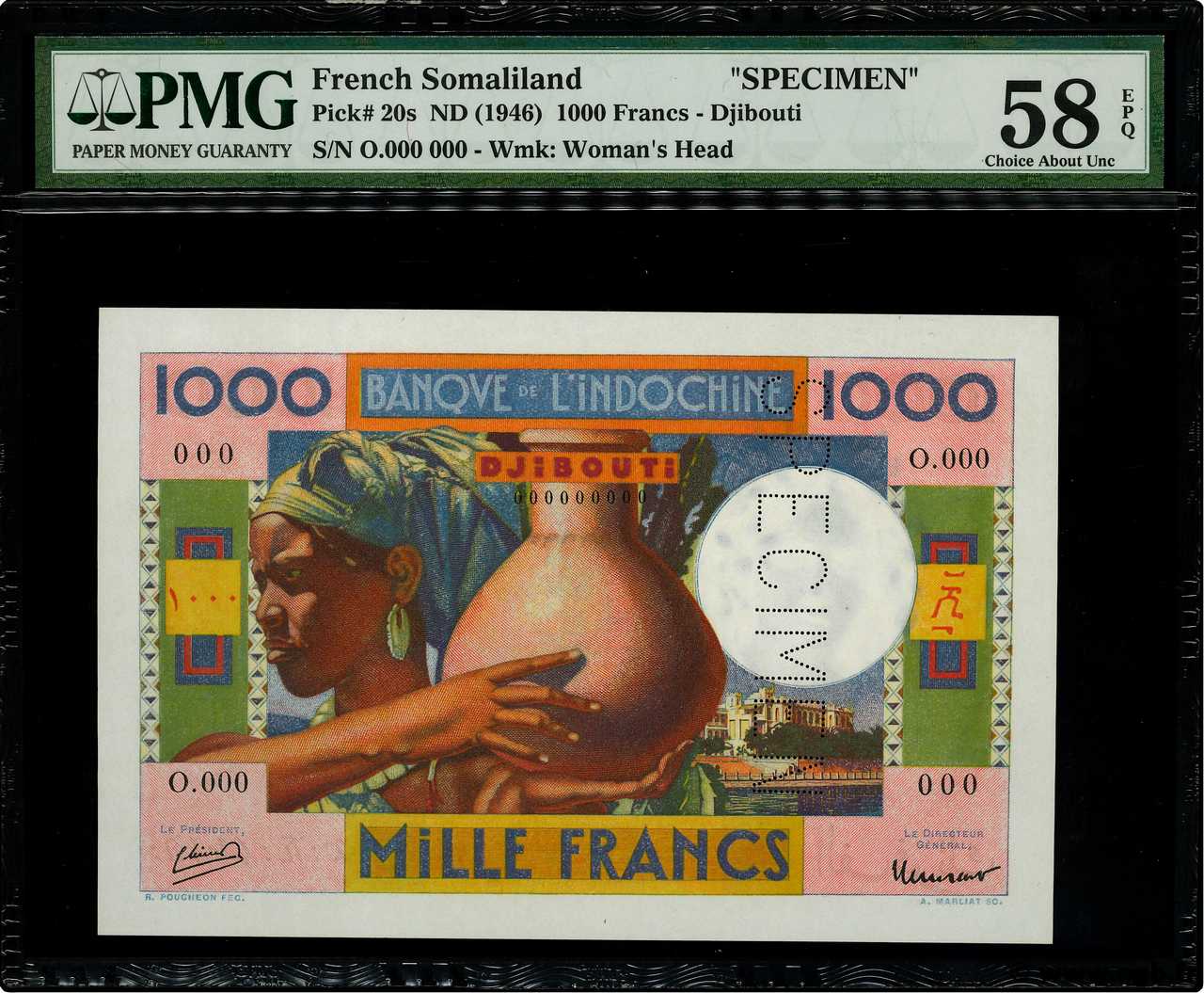 1000 Francs Spécimen DSCHIBUTI   1947 P.20s fST