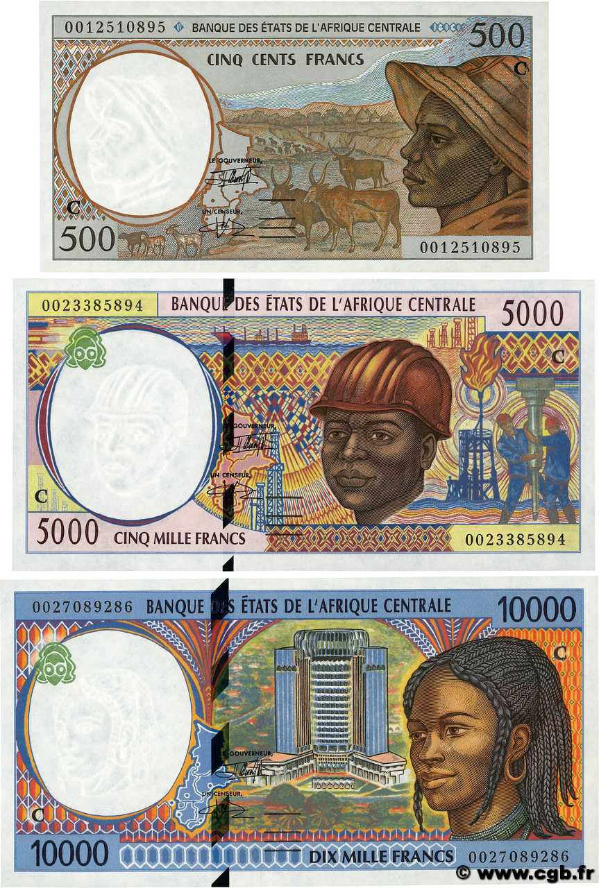 500, 5000 et 10000 Francs Lot STATI DI L  AFRICA CENTRALE  2000 P.101Cg, P.104Cf et P.105Cf q.FDC