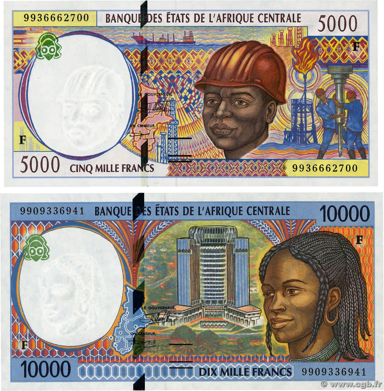 5000 et 10000 Francs Lot CENTRAL AFRICAN STATES  1999 P.304Fe et P.305Fe UNC-