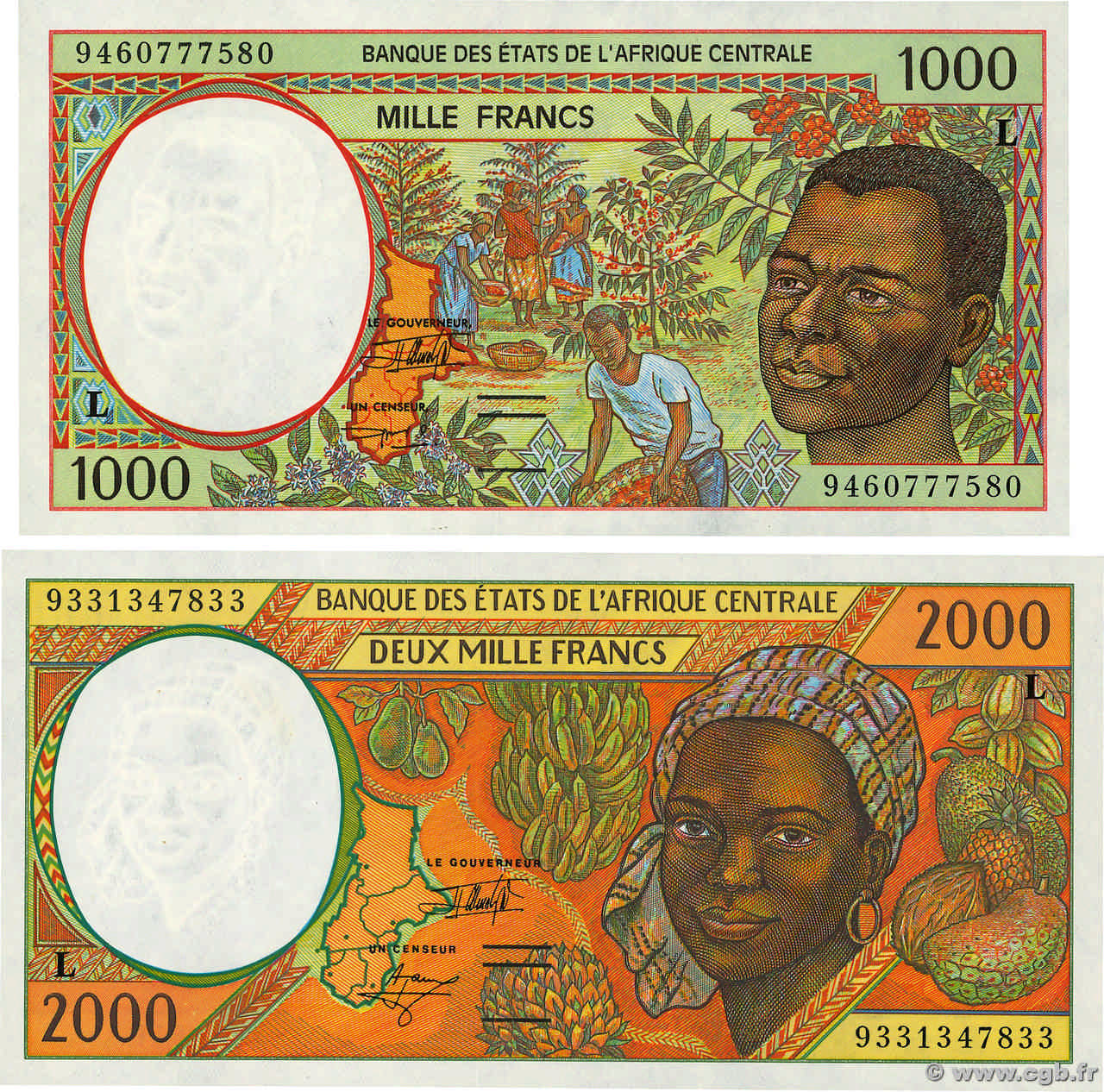 1000 et 2000 Francs Lot ZENTRALAFRIKANISCHE LÄNDER  1993 P.402Lb et P.403La ST